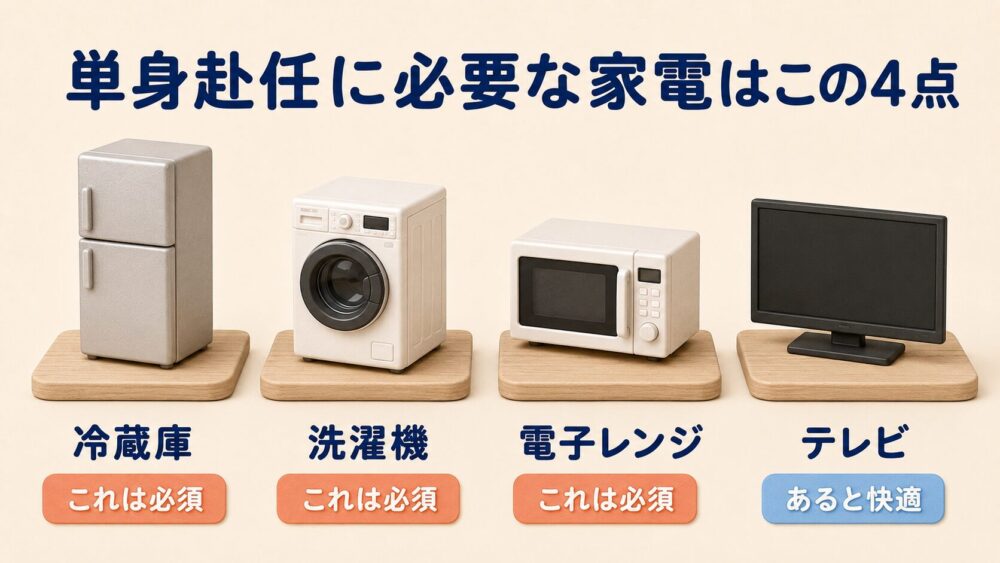 単身赴任に必要な家電4点 冷蔵庫・洗濯機・電子レンジ・テレビ