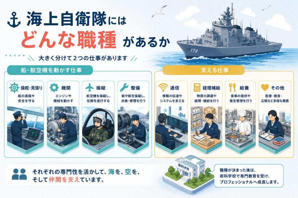 海上自衛隊の職種は船や航空機を動かす仕事と支える仕事