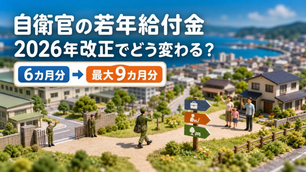 自衛官の若年給付金が6カ月分から最大9カ月分へ拡充されることを表した箱庭風イメージ