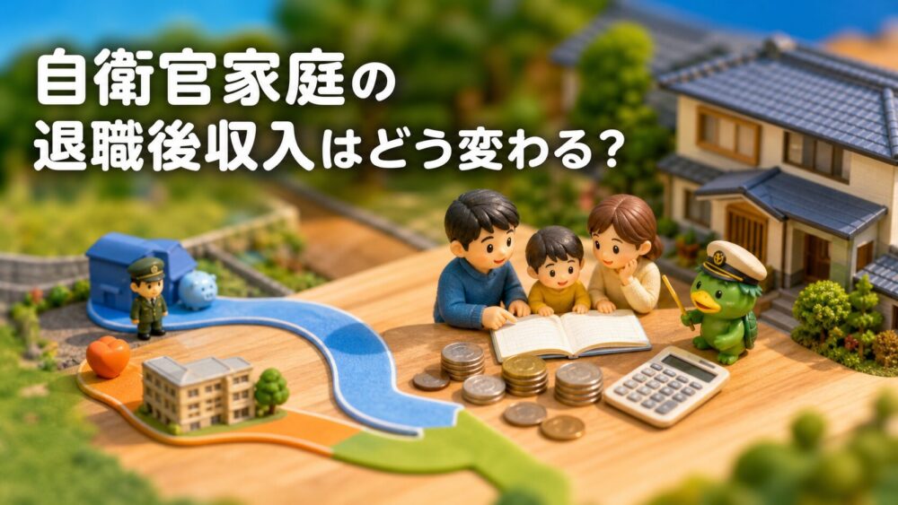 自衛官家庭の退職後収入を箱庭風の家計表で確認する家族とかっぱ隊長