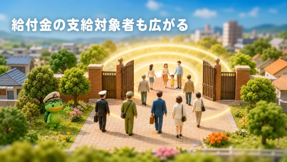 若年定年退職者給付金の支給対象者が広がることを表した箱庭風イメージ