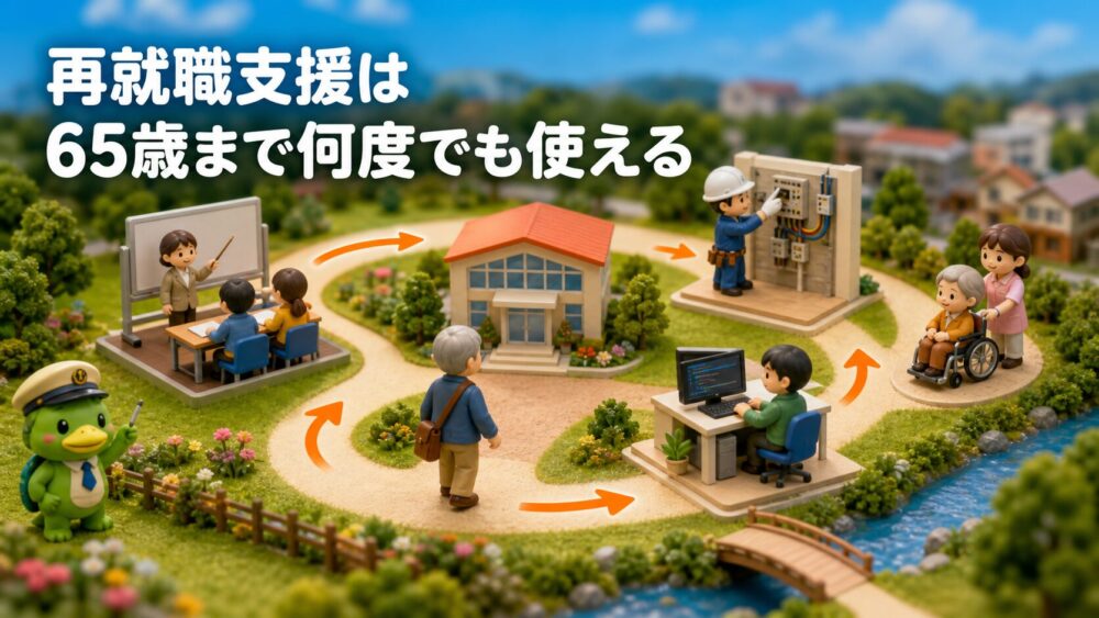 65歳まで何度でも使える再就職支援を箱庭風に案内するかっぱ隊長