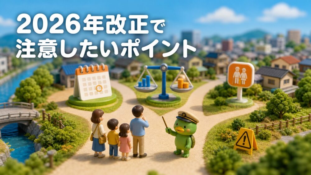 若年給付金の2026年改正で注意したいポイントを箱庭風に示すかっぱ隊長