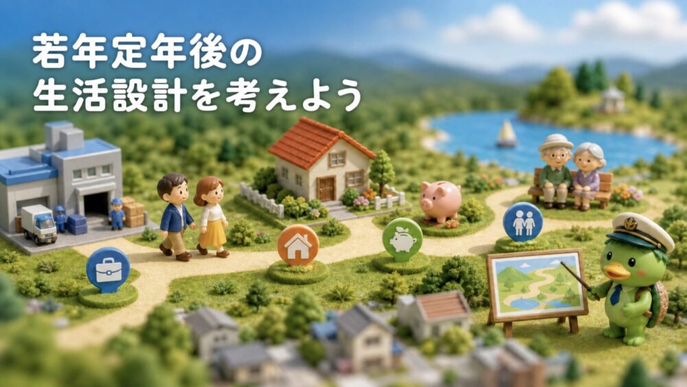若年定年後の生活設計を箱庭風の道筋で考える家族とかっぱ隊長