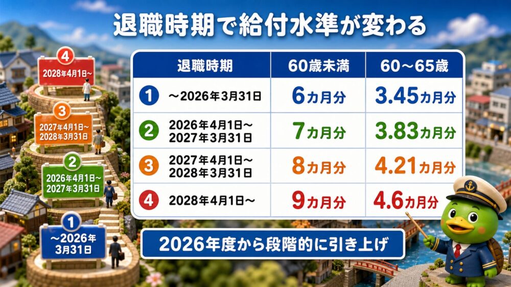 退職時期別に60歳未満と60歳から65歳の若年給付金水準を比較した箱庭風の表