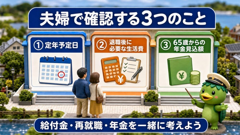 定年予定日と生活費と年金見込額を夫婦で確認する箱庭風の3項目