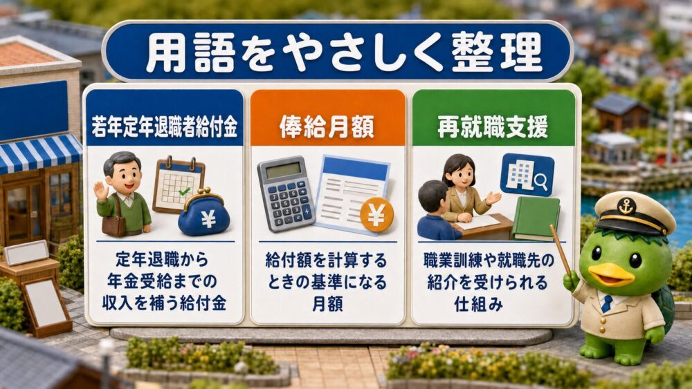 若年定年退職者給付金と俸給月額と再就職支援の意味をかっぱ隊長が解説する箱庭風の図