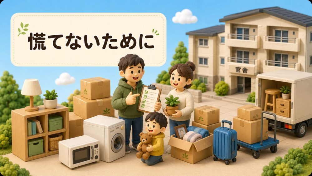 自衛隊官舎の引っ越し準備を計画的に進めるイメージ