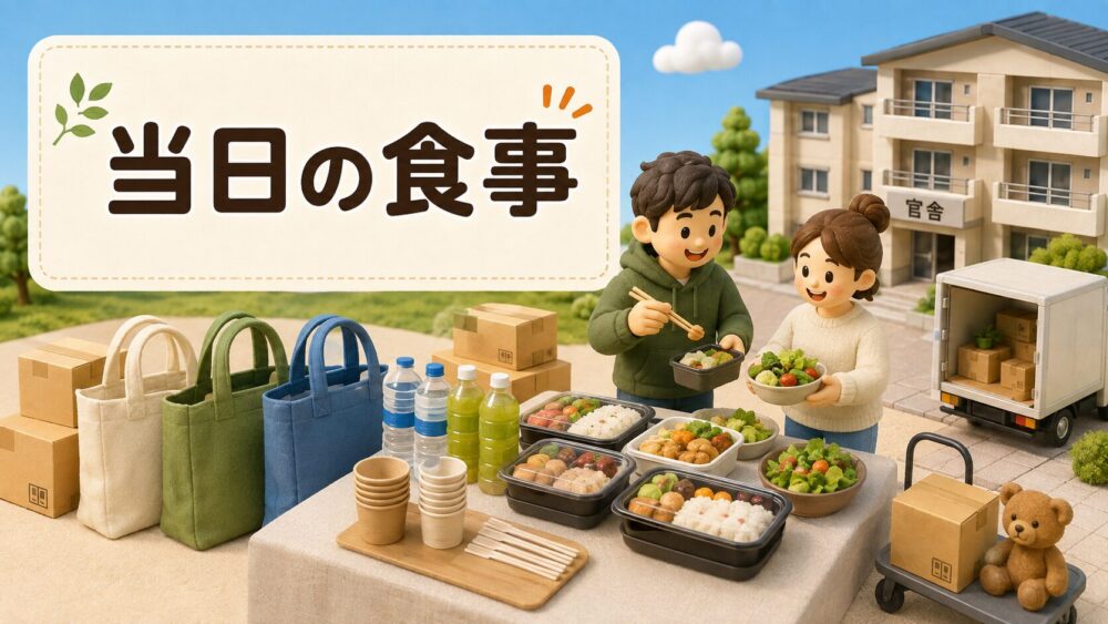 自衛隊官舎への引っ越し当日に食べる食品を準備するイメージ