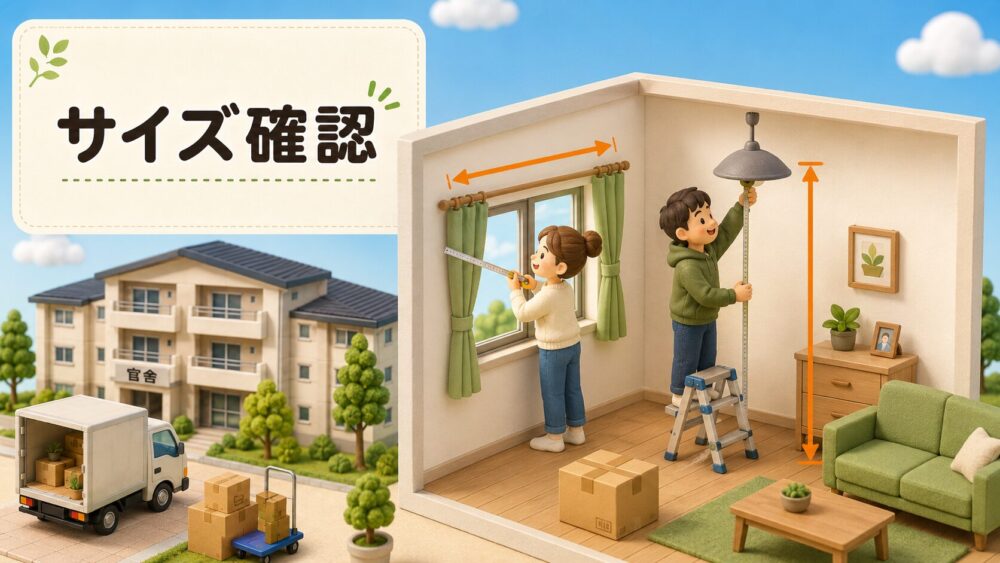 自衛隊官舎のカーテンと照明のサイズを確認するイメージ