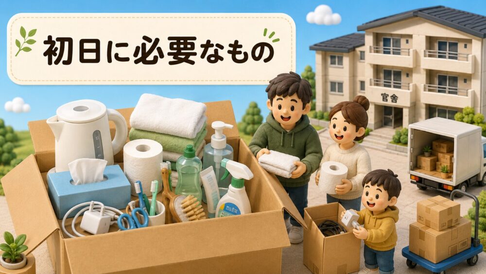 自衛隊官舎の引っ越し当日に必要なものをまとめたイメージ