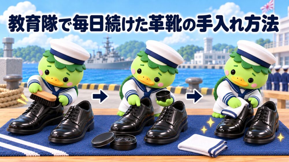 革靴をブラシとクリームと布で手入れする三段階のイメージ