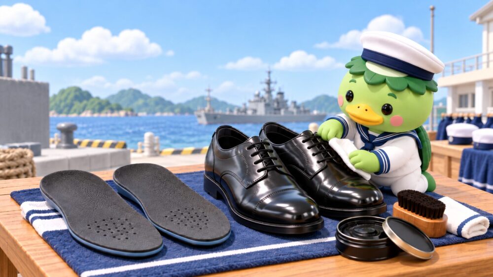 教育隊で準備するインソールと革靴と靴磨きセット