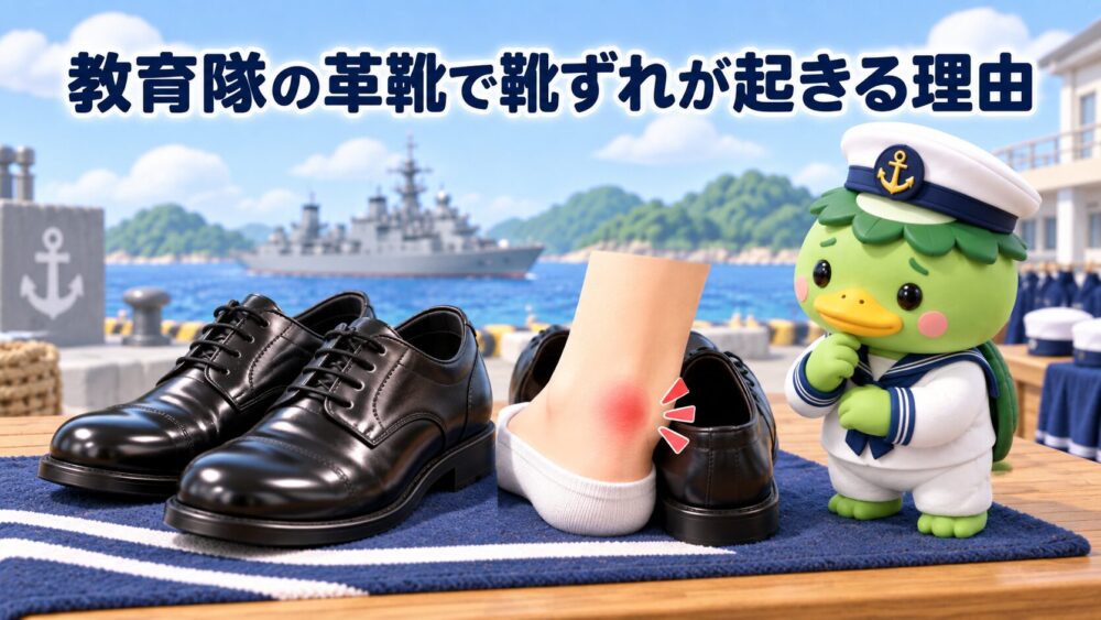 教育隊の硬い革靴と靴ずれの負担を示すイメージ