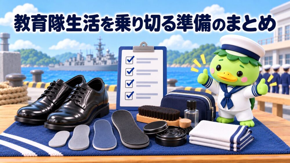 教育隊の準備を終えて笑顔のかっぱ隊長と用品のイメージ