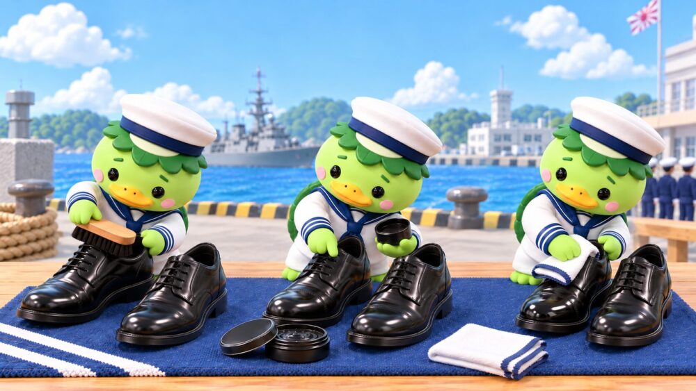 革靴をブラシとクリームと布で手入れする三段階のイメージ