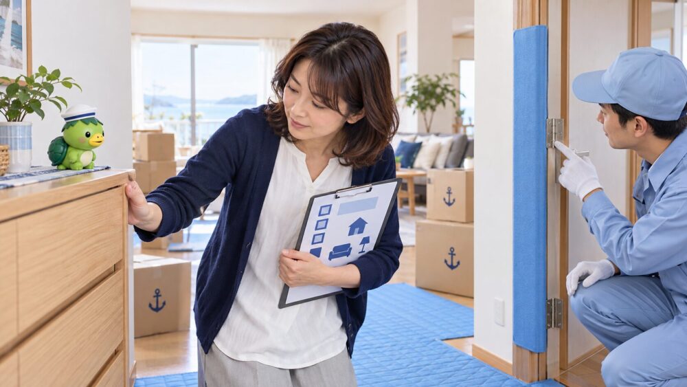 引越し当日に家具と扉を確認するイメージ