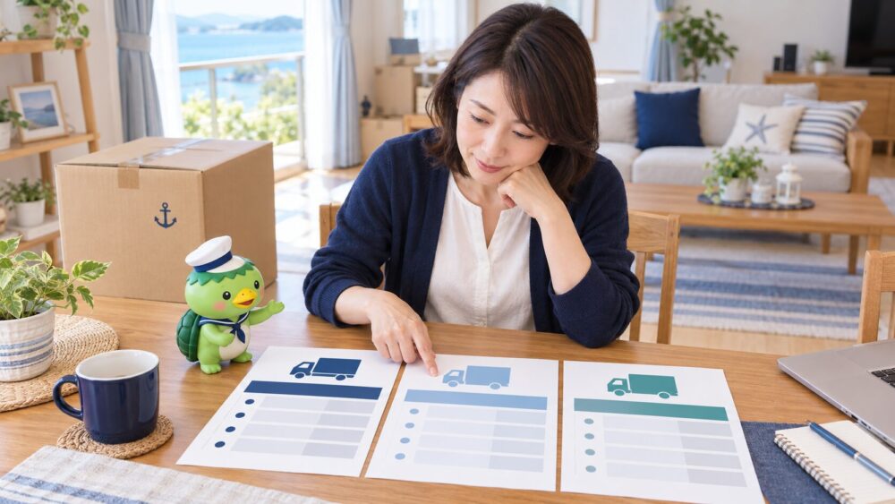 三社の引越し見積もりを比較する妻のイメージ