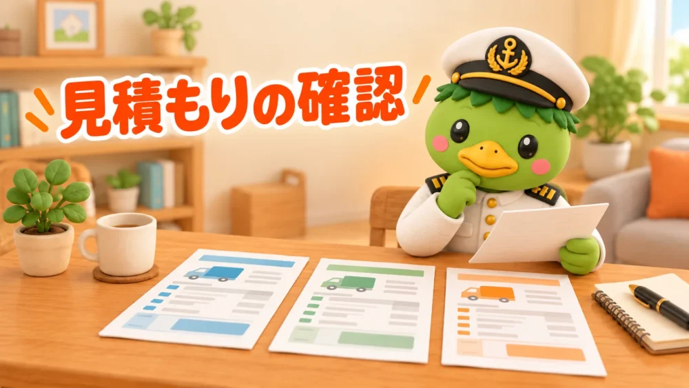 3社の引越し見積書を確認するかっぱ隊長