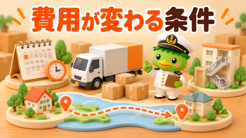 引越し費用が変わる条件を示すトラックと建物の模型