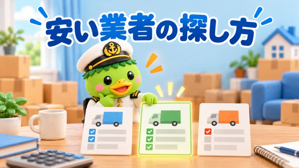 安い引越し業者の探し方を示すかっぱ隊長のイラスト