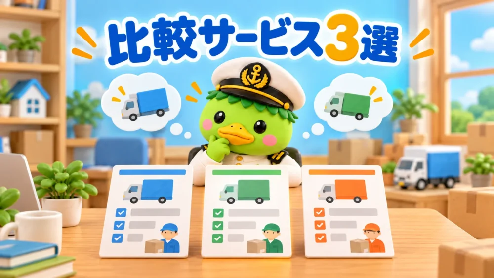 引越し見積もり比較サービス3選を示すかっぱ隊長のイラスト