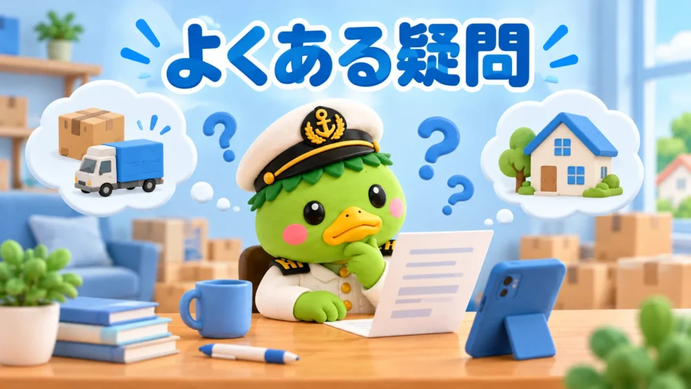 引越し見積もりのよくある疑問を考えるかっぱ隊長のイラスト