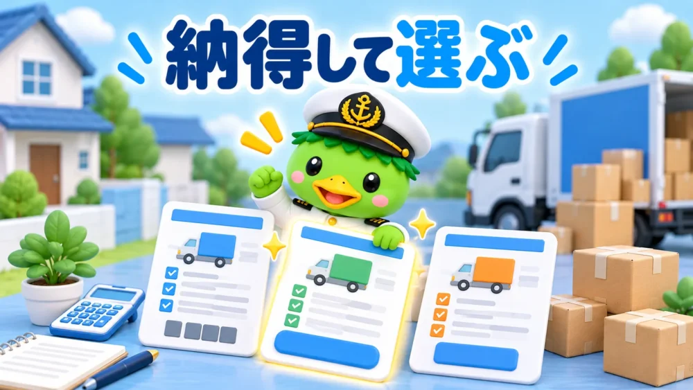 引越し業者を納得して選ぶかっぱ隊長のイラスト