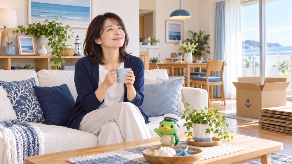 引越し後の片付いた新居でひと息つく家族のイメージ