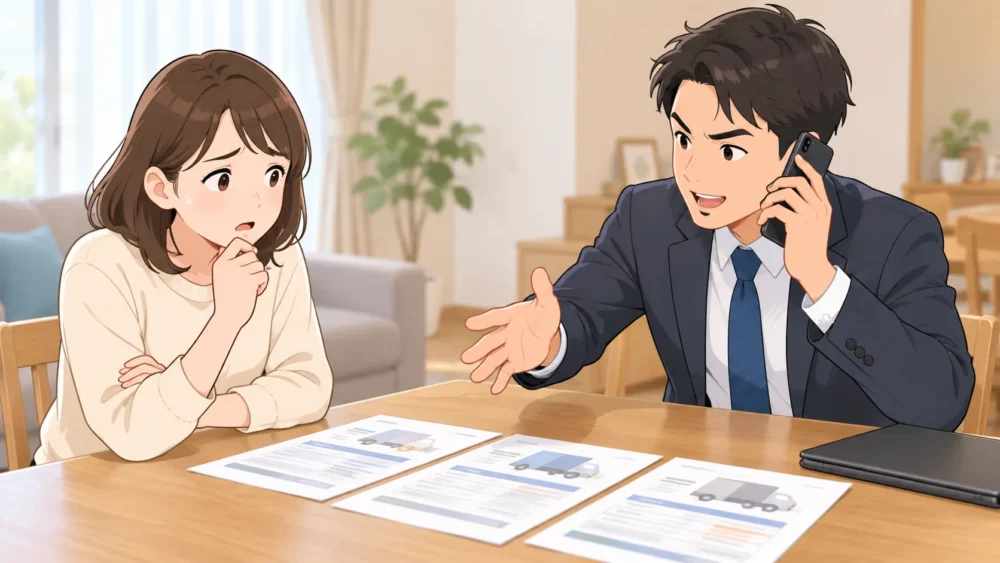 引越し見積もり中に電話で即決を促す担当者と、戸惑う依頼者のイラスト